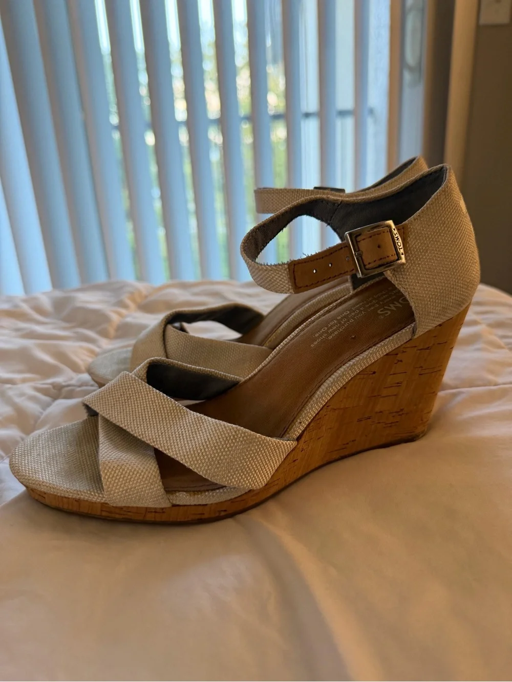 TOMS Beige Wedge Sandals with Ankle Strap - Women Shoes